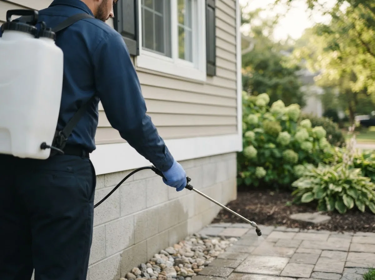 Pest control technician inspecting a home in Fairfield, NC